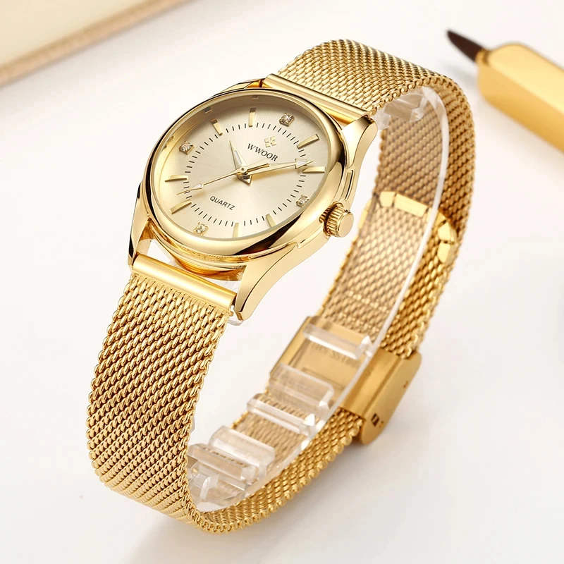 WWOOR, reloj dorado de marca d - Stainless Mesh Band reseña y precio