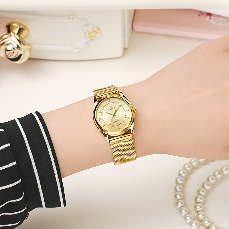 WWOOR, reloj dorado de marca d - Stainless Mesh Band reseña y precio